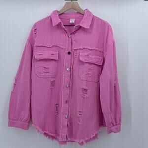 Pink Ripped Denim Jacket Oversized Shacket Raw Hem Boyfriend Fit Medium NWOT